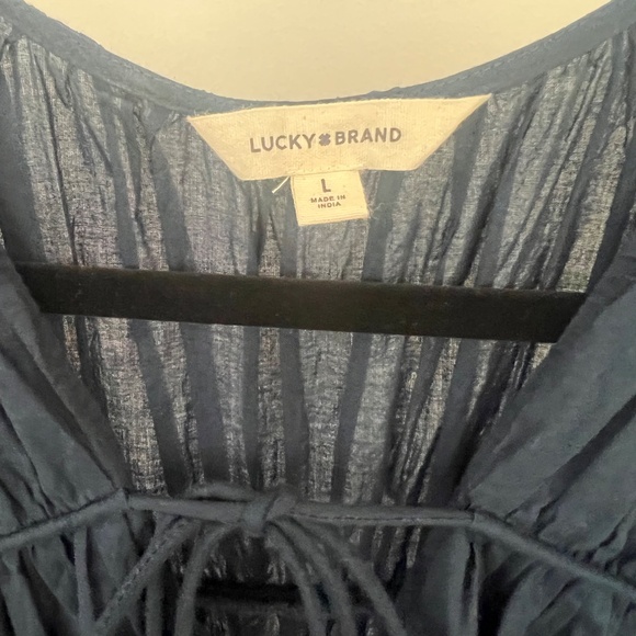 Like New Lucky Brand Cotton Tiered Dress with Ties Navy L - Picture 2 of 6